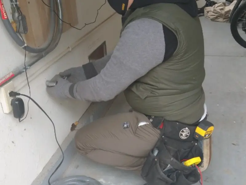 Electrician performing outlet wiring in a Clay Center garage